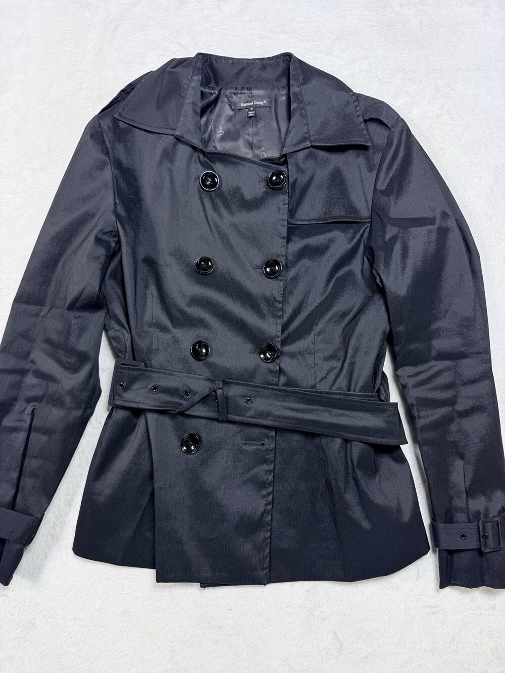 Samuel Dong Avant Garde Black Trench Coat Sculptural Belted Jacket Women Size M